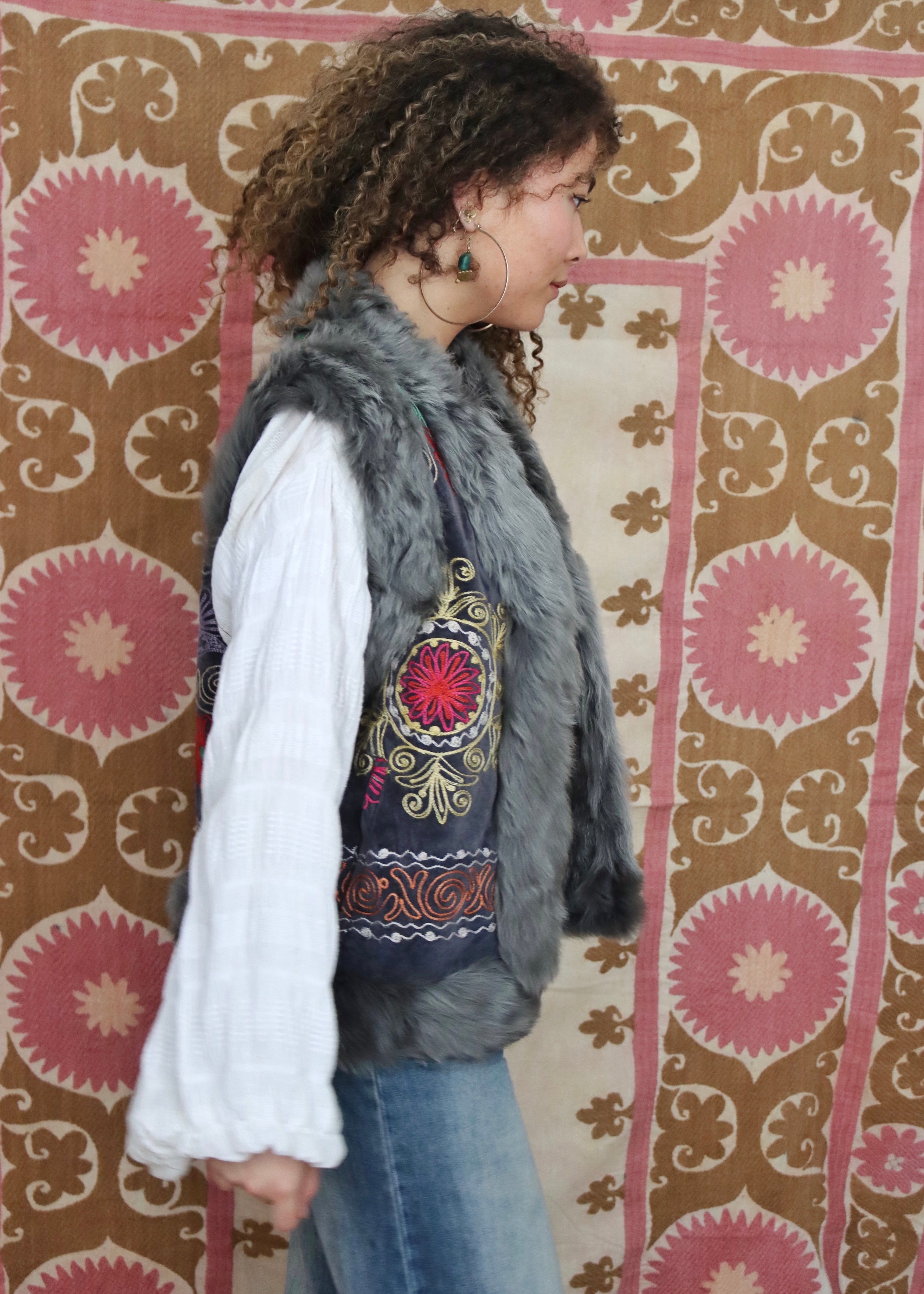 stylish vintage grey suzani vest lined with up cycled mongolian sheep wool