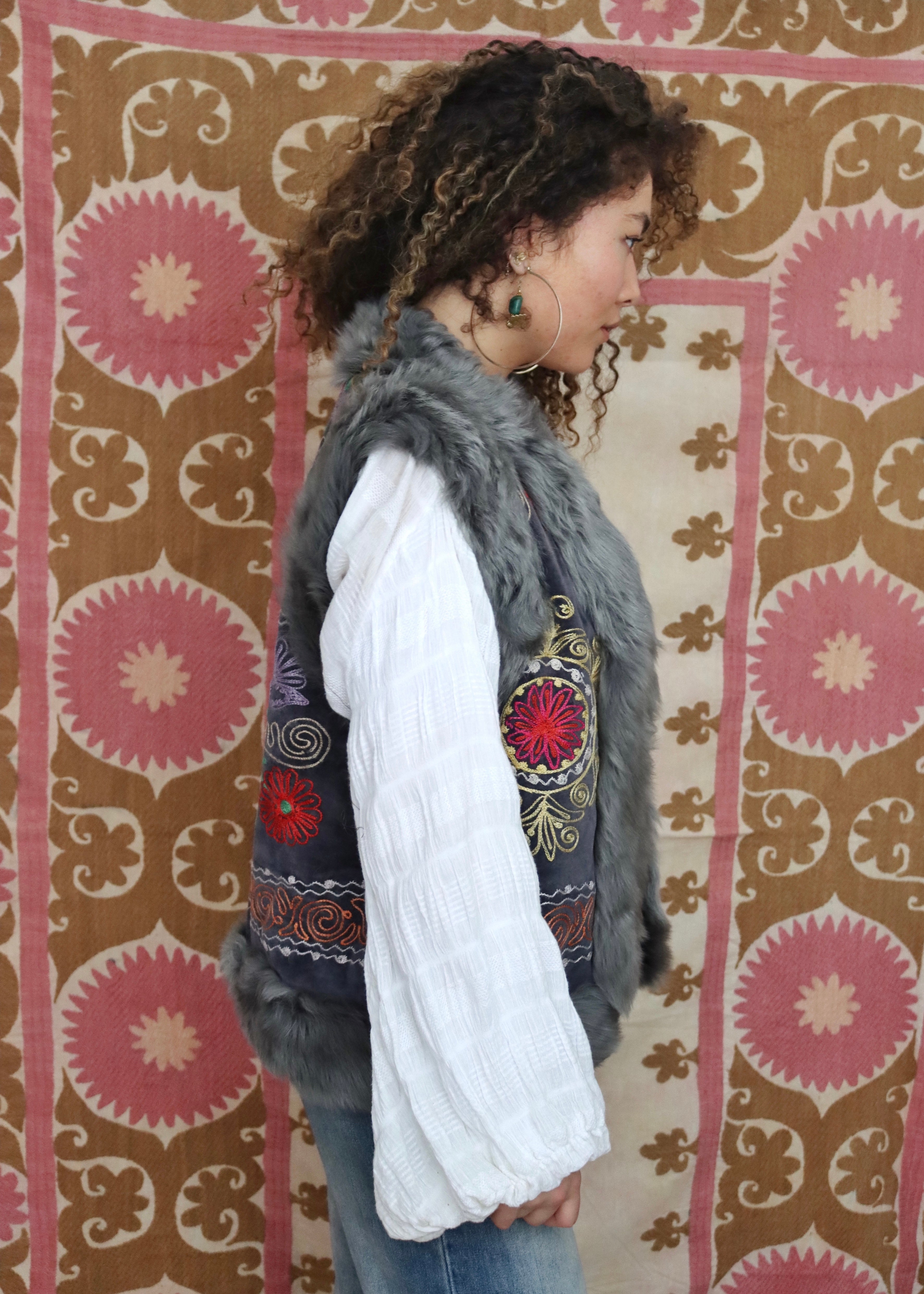 warm suzani grey and bright embroidery suzani vest
