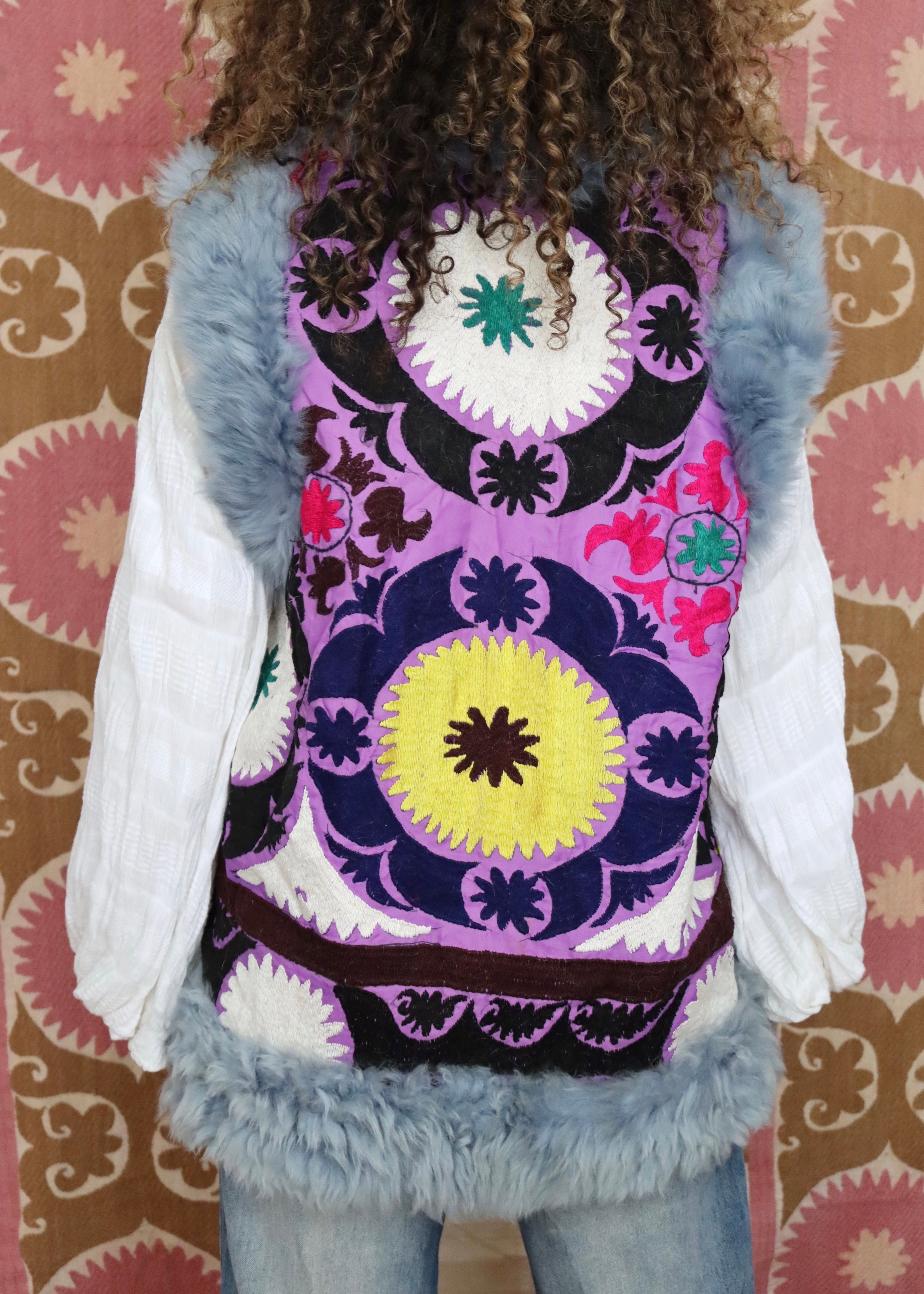 purple suzani with blue mongolian sheep fur trim