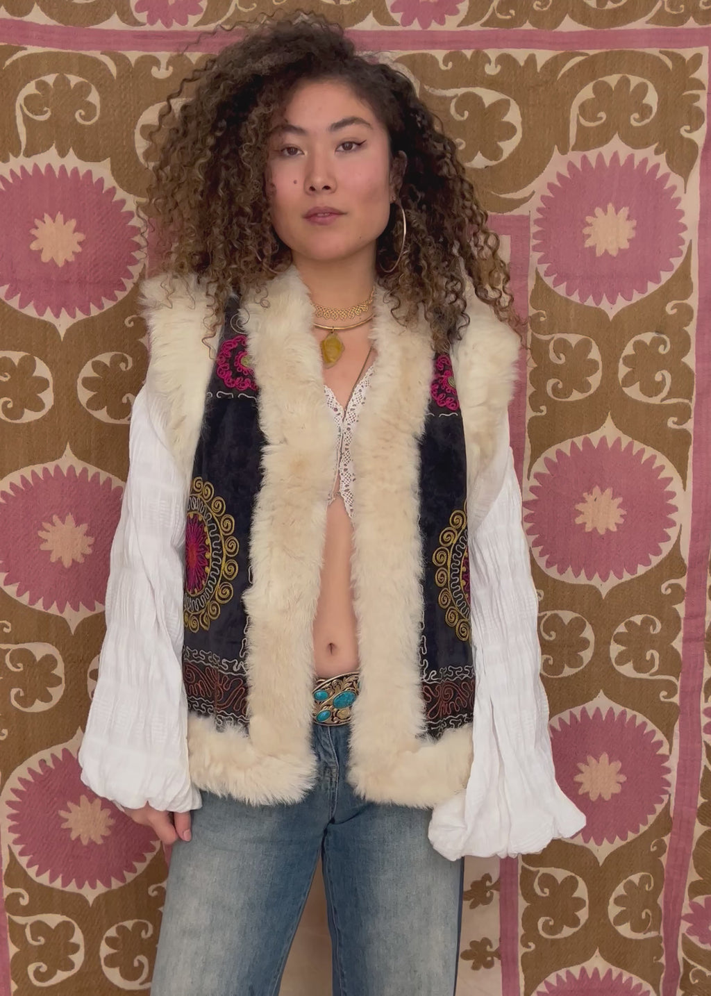 short length 70's style afghan suzani vest with fur trim