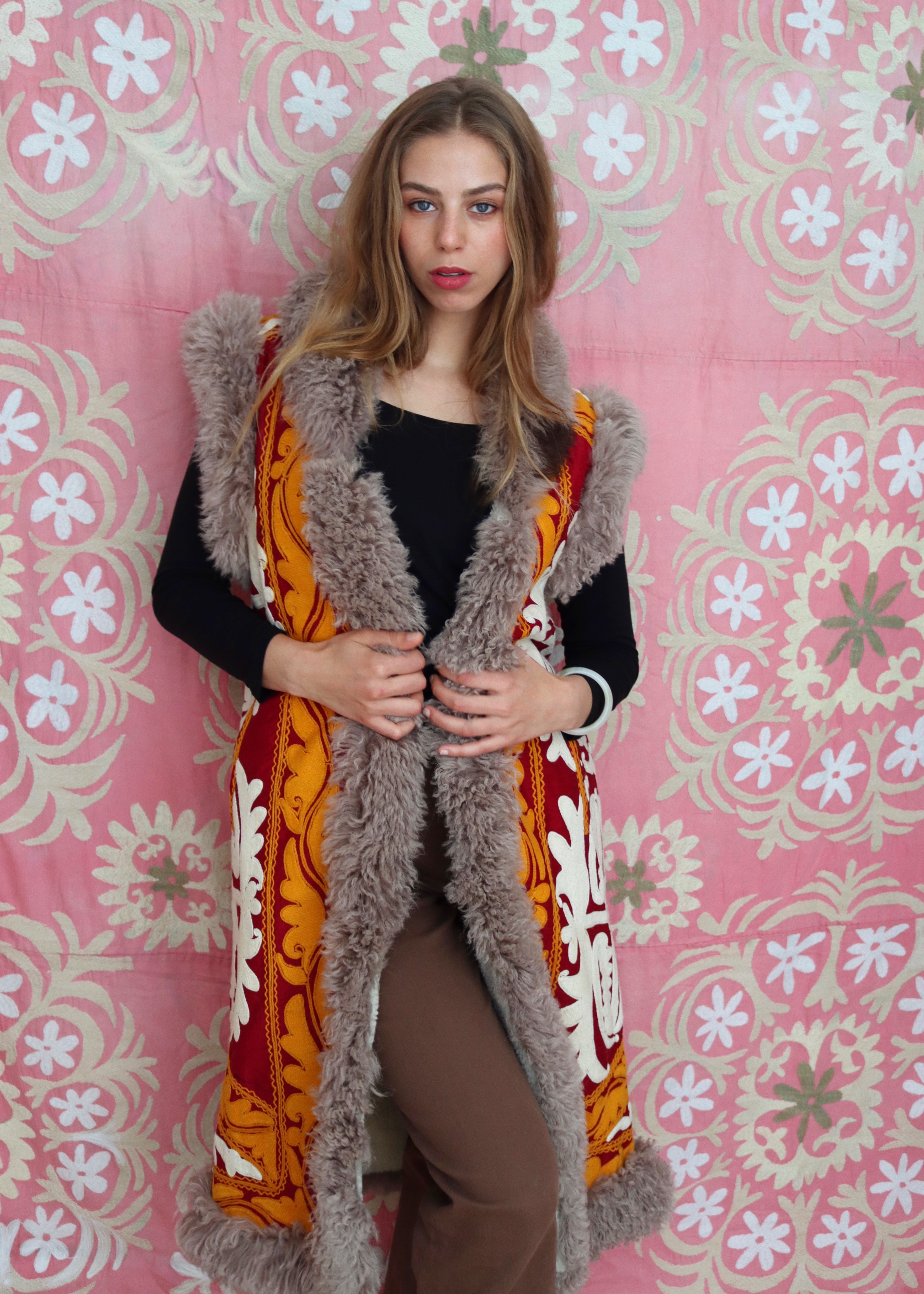 ethically handmade vintage suzani fur coat
