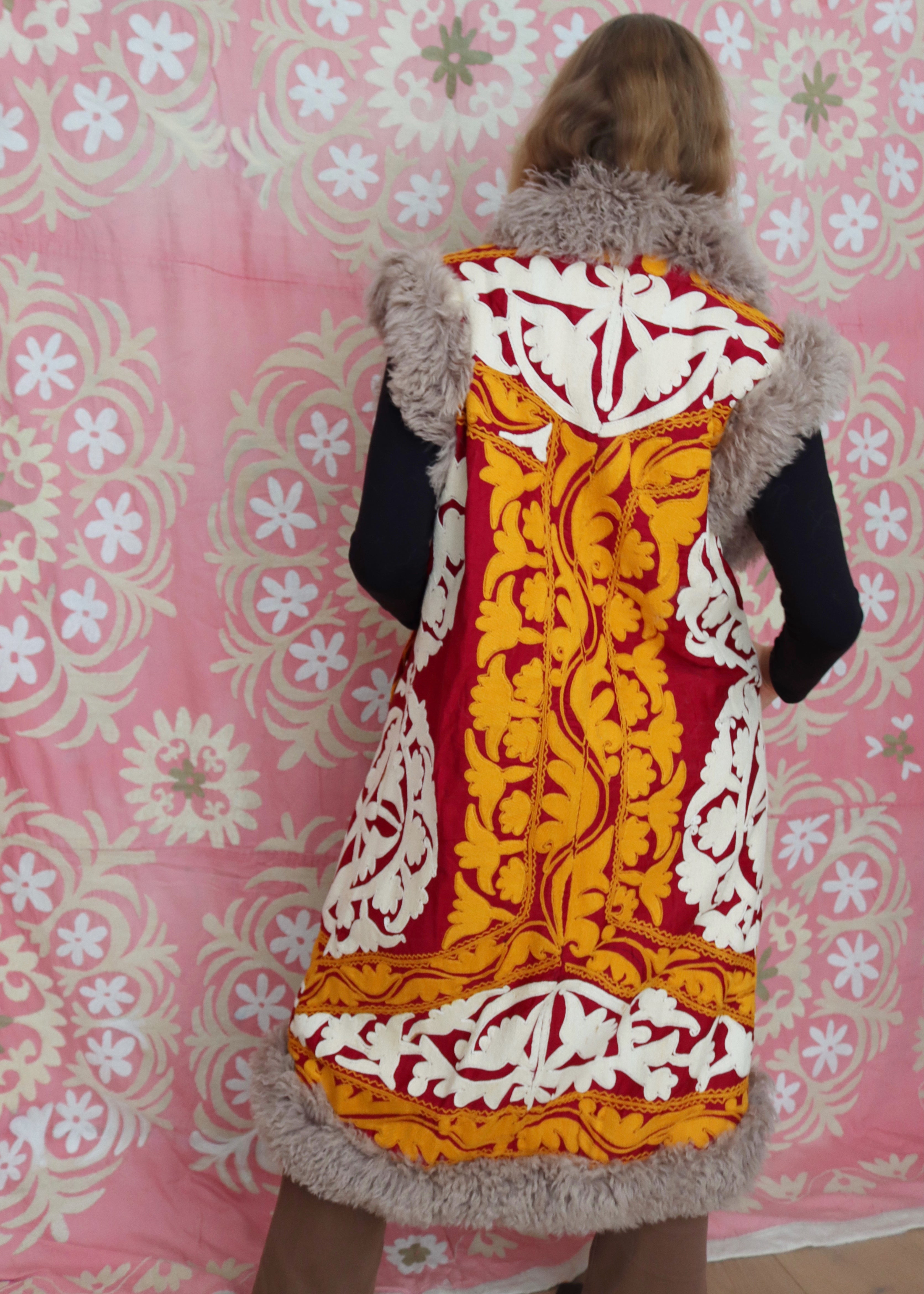 70's afghan orange and red winter fur vest with embroidery
