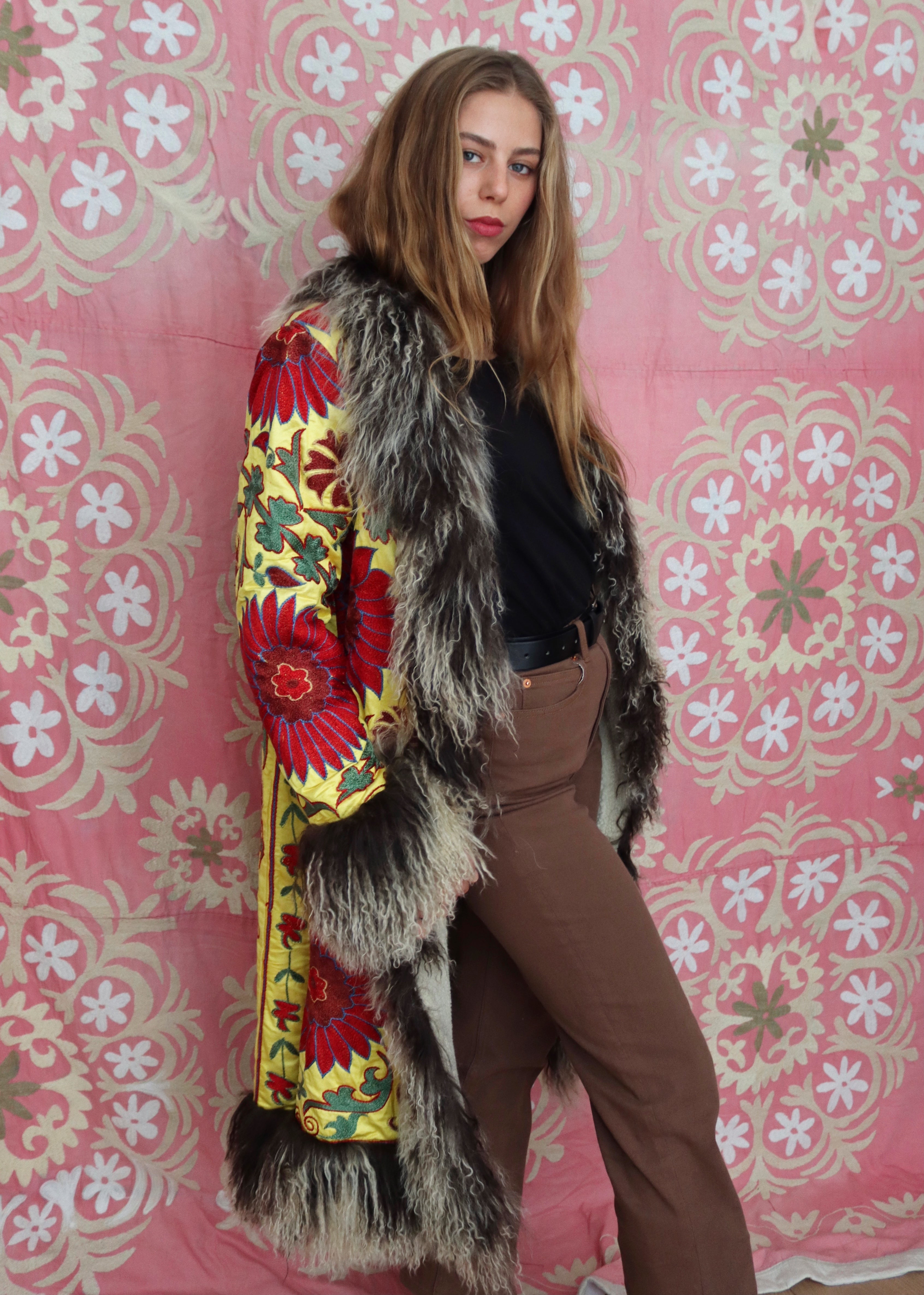 ethically handmade vintage suzani fur coat