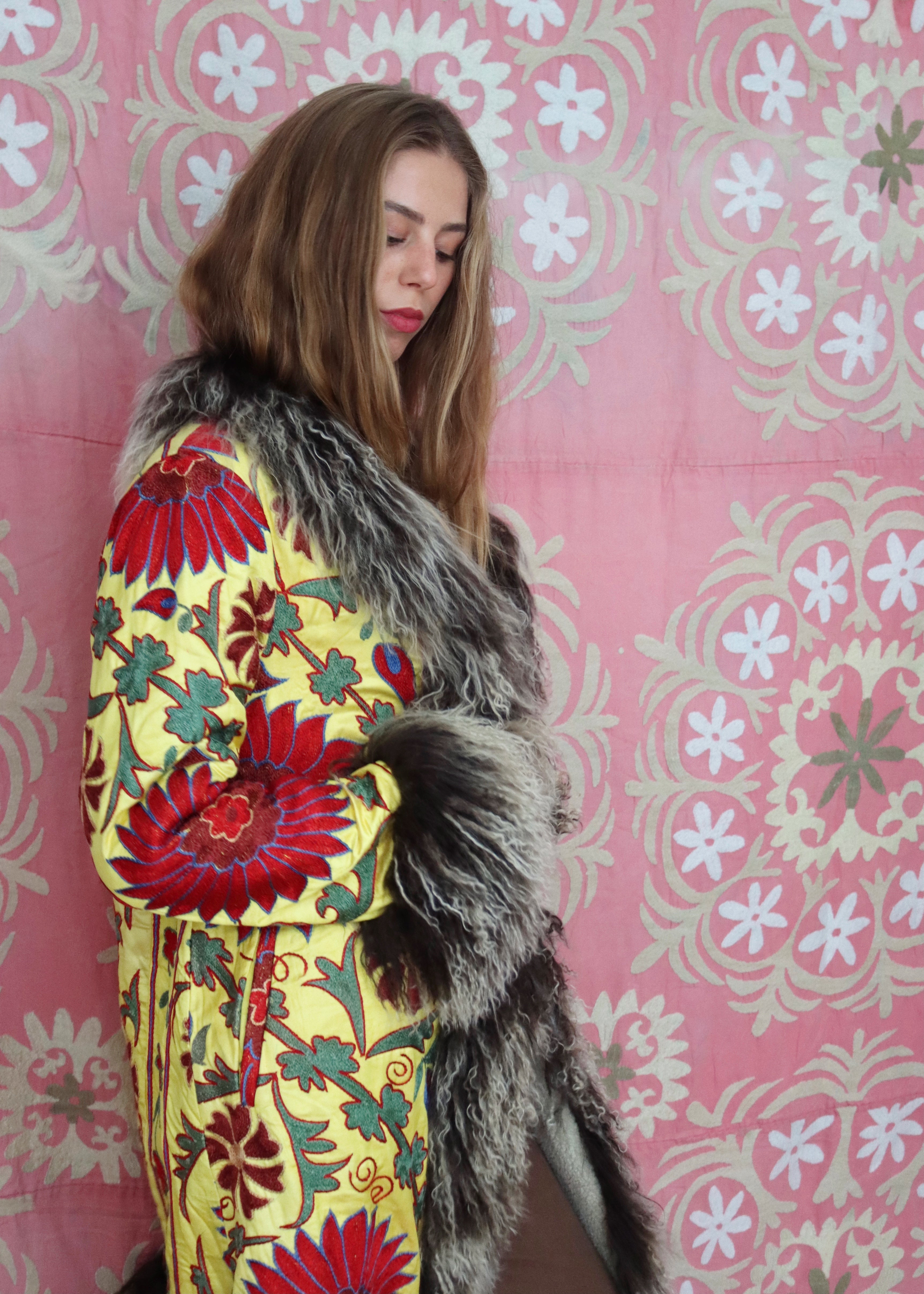 boho afghan yellow and red fur coat