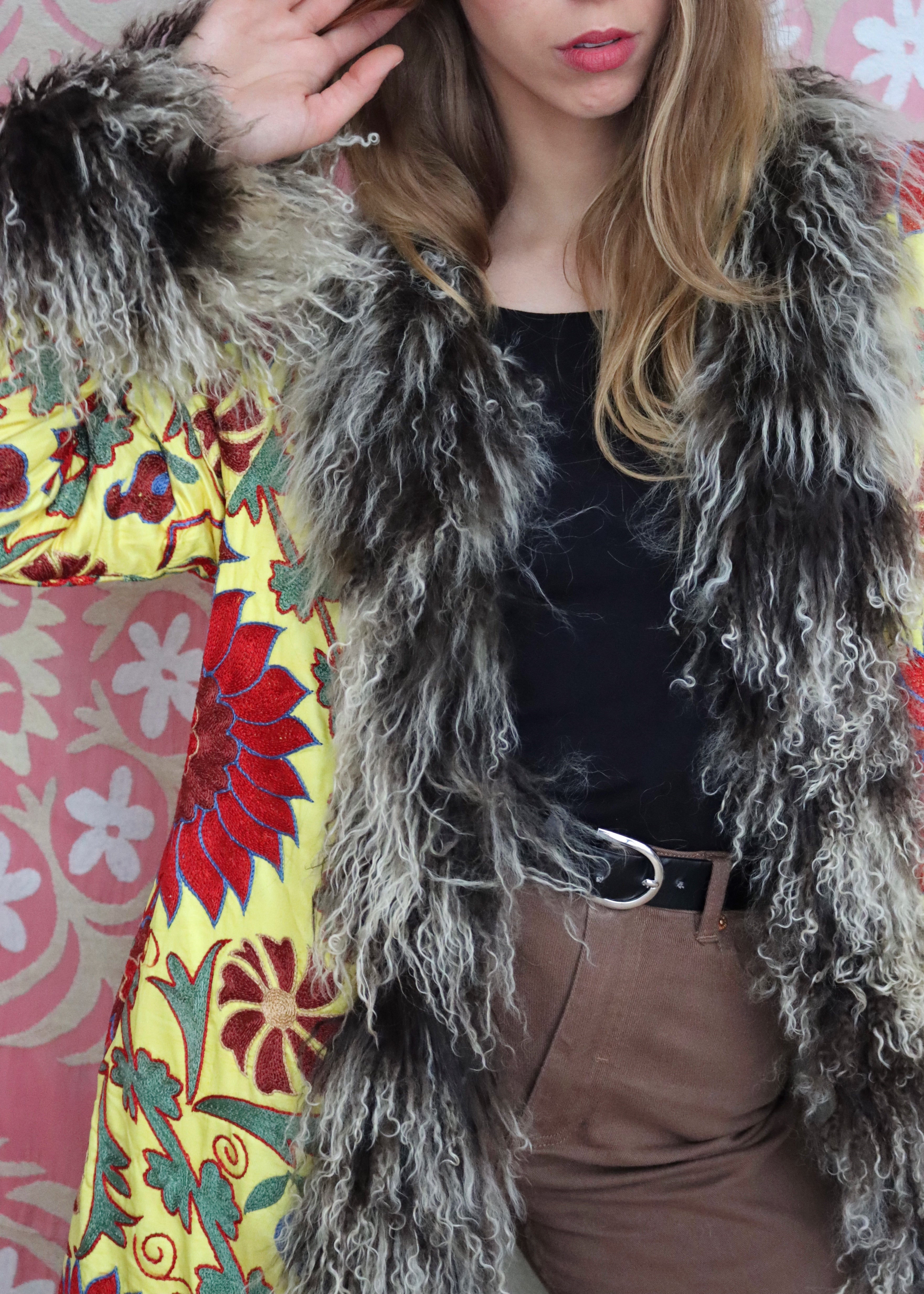 70's afghan yellow winter fur vest with embroidery