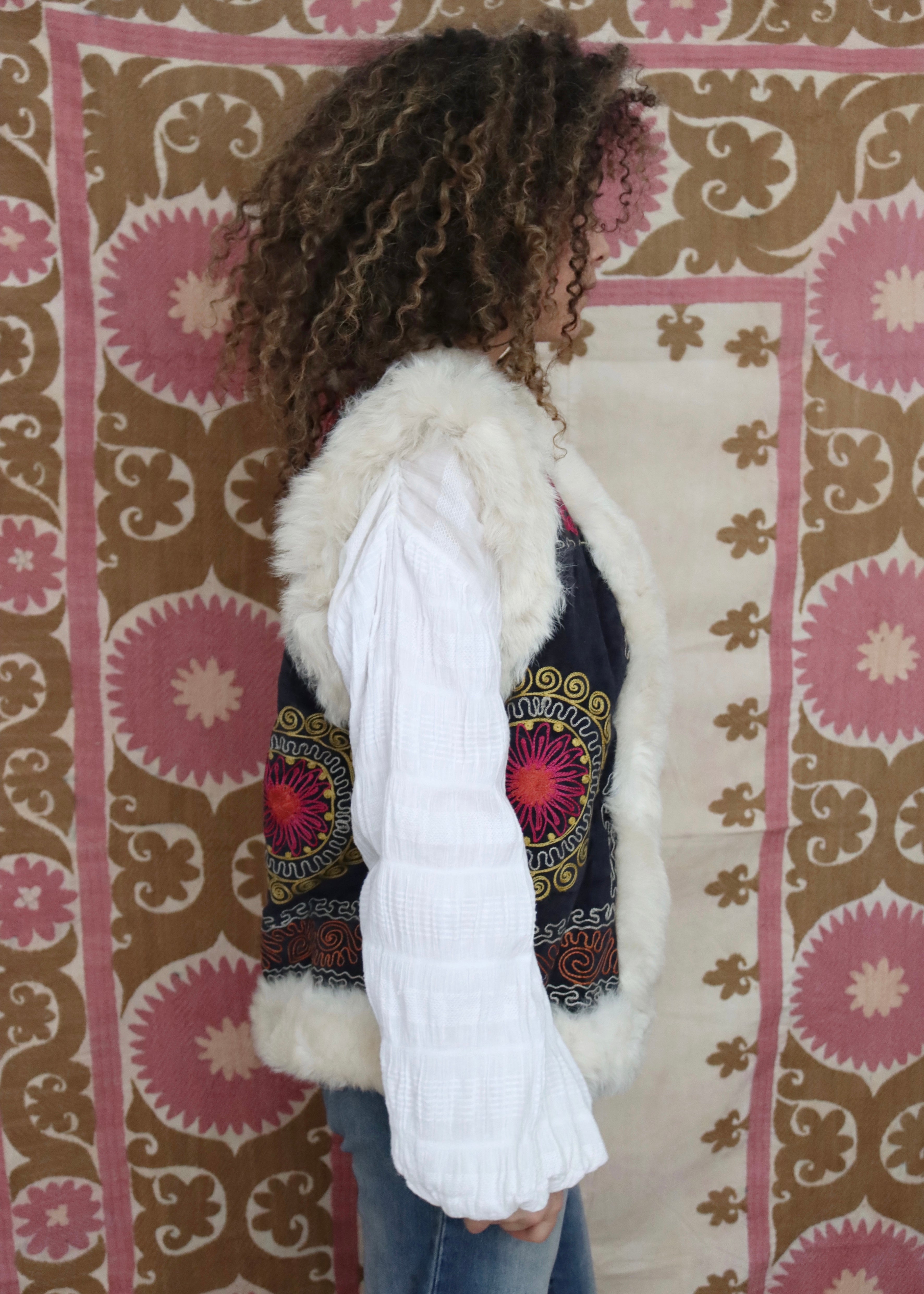 ethically handmade vintage suzani fur vest