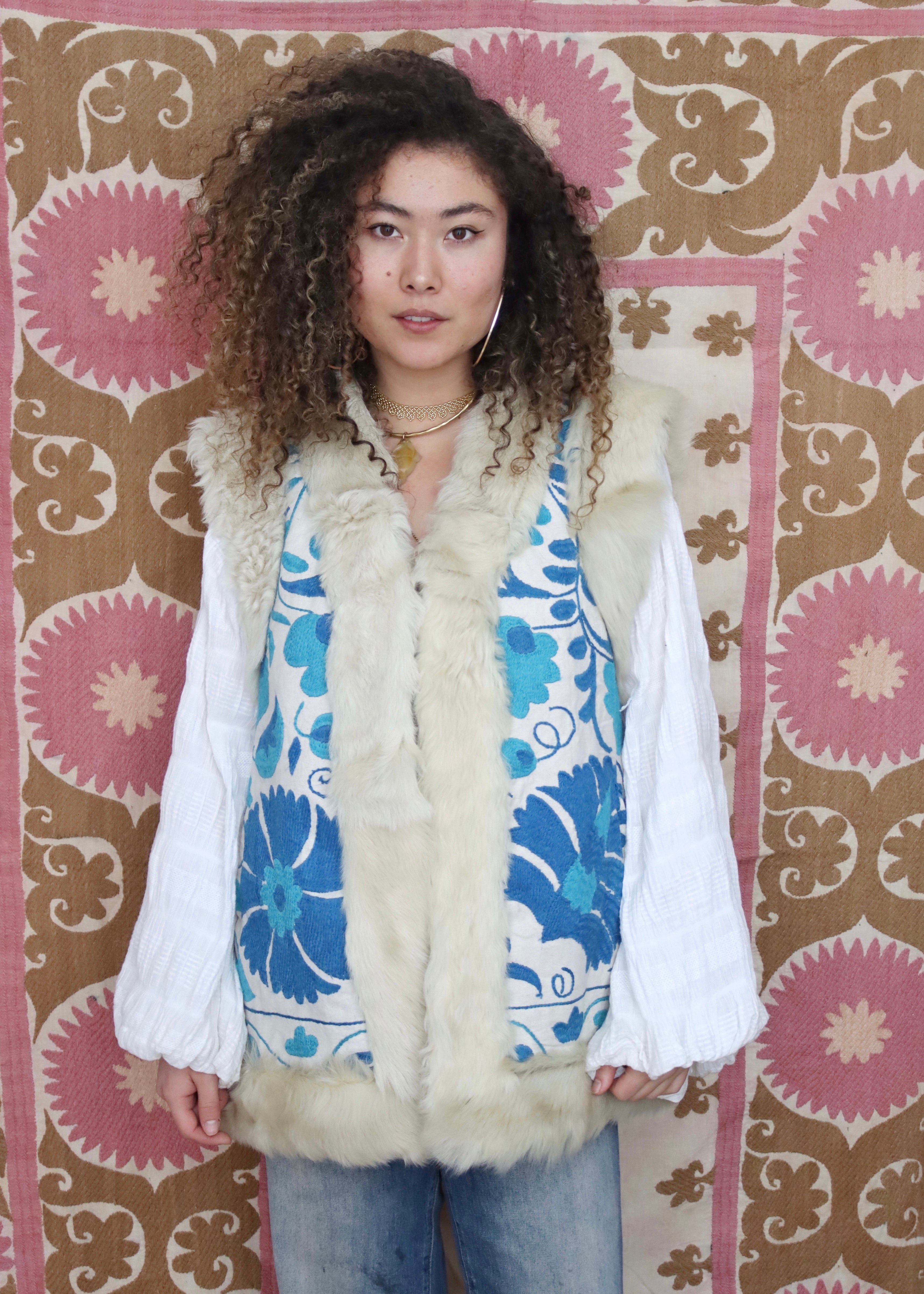 boho afghan white and blue fur coat