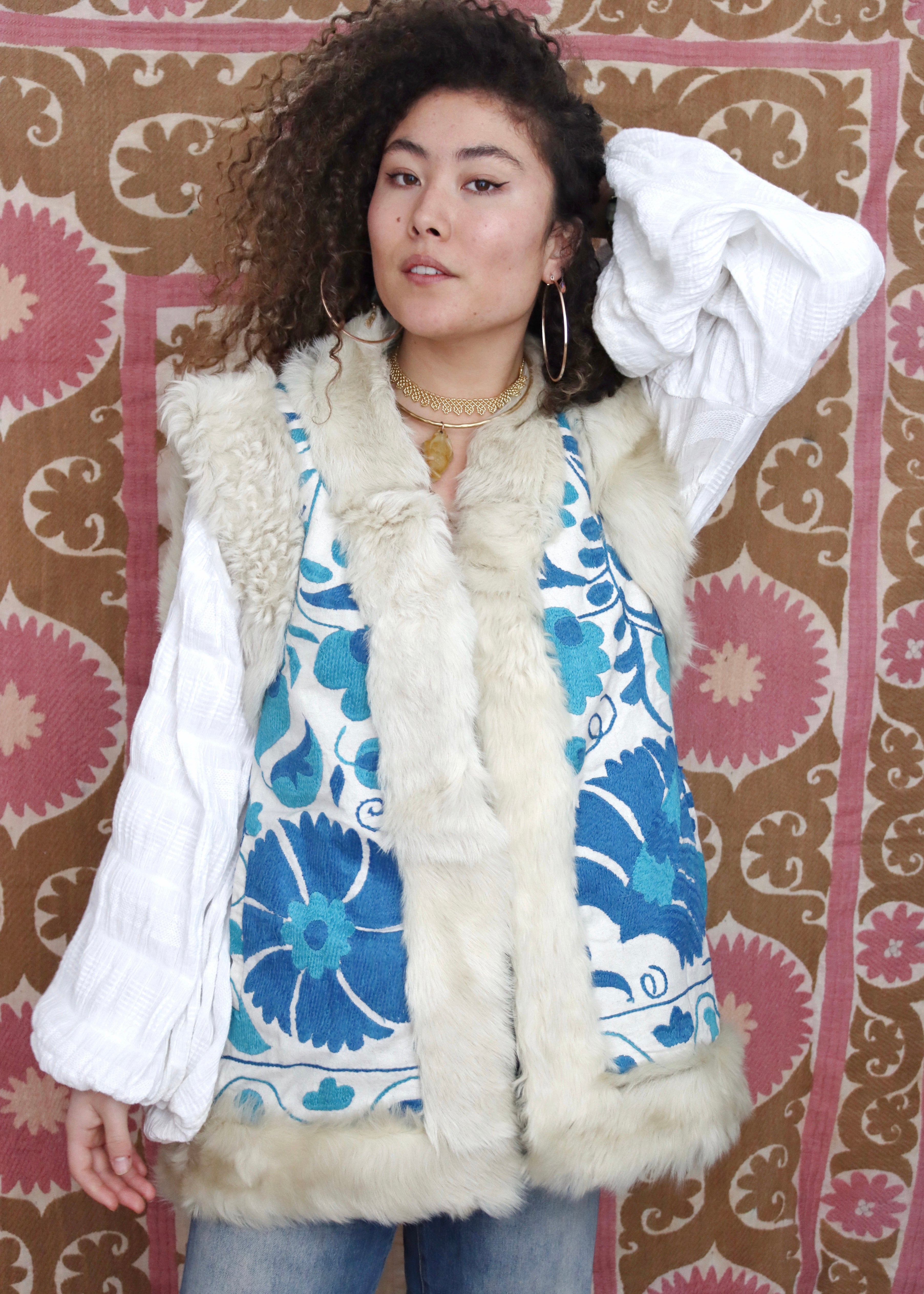 vintage ethically made white and blue winter vest
