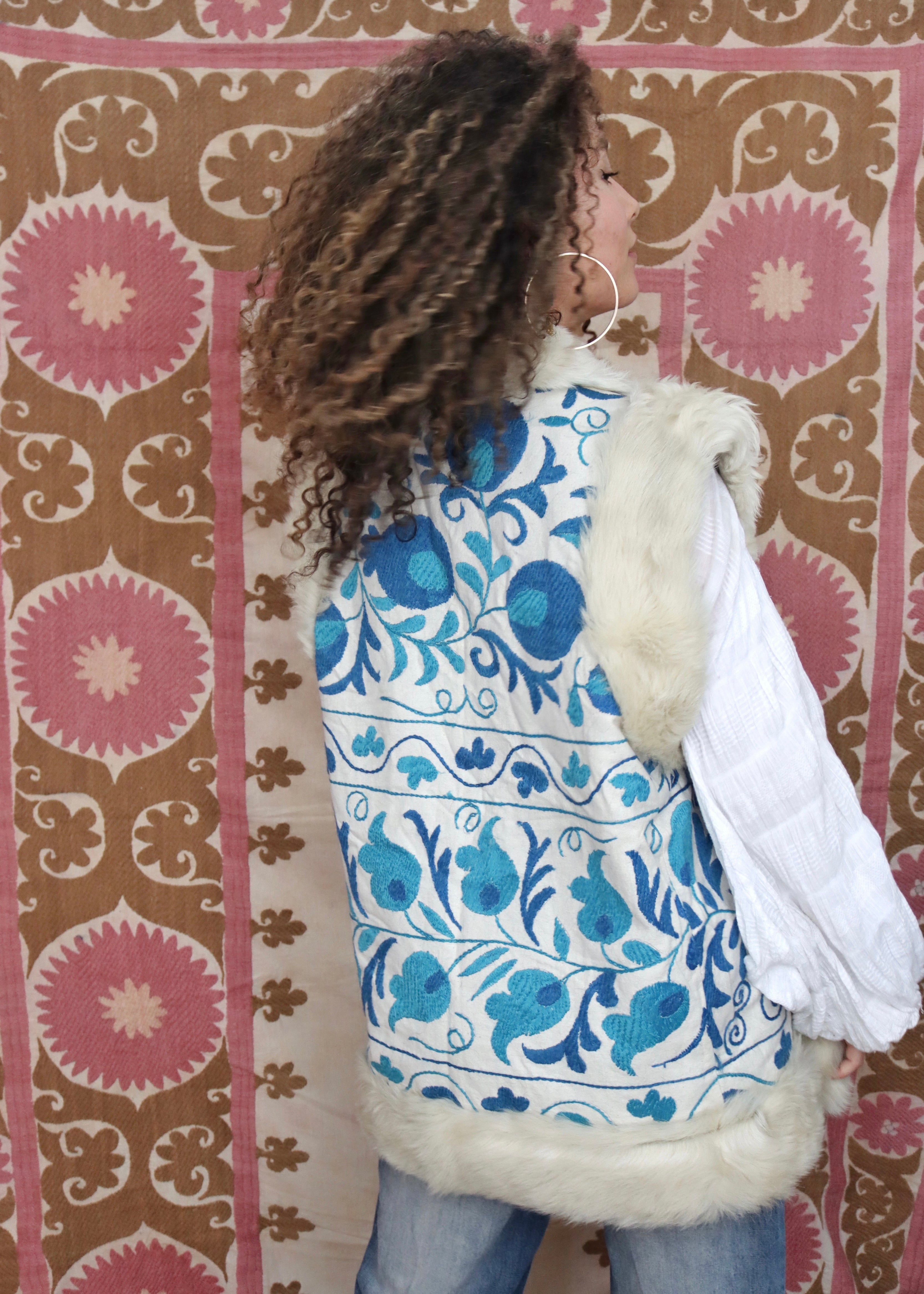 Fully-lined suzani vest with up-cycled Mongolian sheep rugs